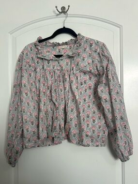 Marea Georgia Floral Print 100% cotton blue Blouse size L boho chic cottage core